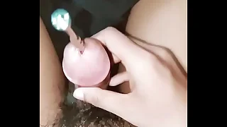 Shemale cum twice distance from sounding and vibrating her cock